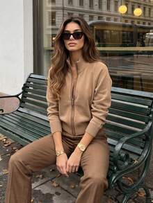 Women's Autumn Stand Collar Zip-Up Knit Cardigan, Raglan Long Sleeve Slim Fit Solid Color Casual Short Sweater Jacket Fall - Camel - View 3