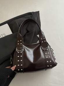 Korean Style Rivet Textured Commuter Work 2026 Large Capacity Hot Girl Motorcycle Handbag Shoulder Underarm Bag - Coffee - View 9