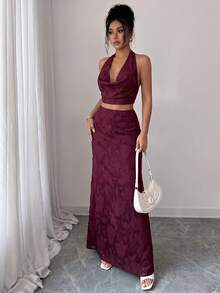 Unadoll Women Fall Burgundy Halter 2 Piece Set,Cowl Back Tie Crop Top Midi Skirt For Birthday Cocktail Party Going Out - Burgundy - View 1
