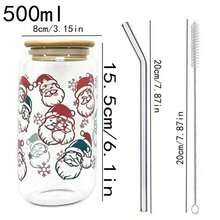 Christmas Themed Printed Glass Cup Set / Paired With Bamboo Lid. Glass Straw, Stainless Steel Straw Brush. Multiple Fun Holiday Patterns, Transparent Cup Body With Excellent Texture, Suitable For Cold Drinks, Juice, Coffee, Home Use, Holiday Gifts, Party Use, Perfect For Decorating The Atmosphere Of Winter Time. - Multicolor - View 2