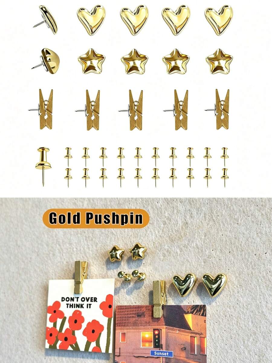 35pcs Gold-Plated Plastic Push Pins, Multi-Functional Office Supplies, Suitable For Cork Board Decoration, Bulletin Board Arrangement, Photo Wall Embellishment, Document Fixing, Map Marking, Handmade DIY Projects, Classroom, Dormitory And Desktop Storage - Sets - View 1