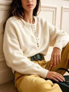 Women's Mohair Knit Sweater Pullover, Slouchy Round Neck Soft Fluffy Loose Design Solid Color Versatile Top Fall - Apricot Color - View 4