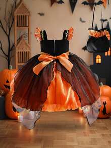 Young Girls Thick Strap Woven Ribbon Bow Organza Elegant Halloween Party Puff Princess Dress Suitable For Ball, Includes Bag, No Headband - Orange - View 2