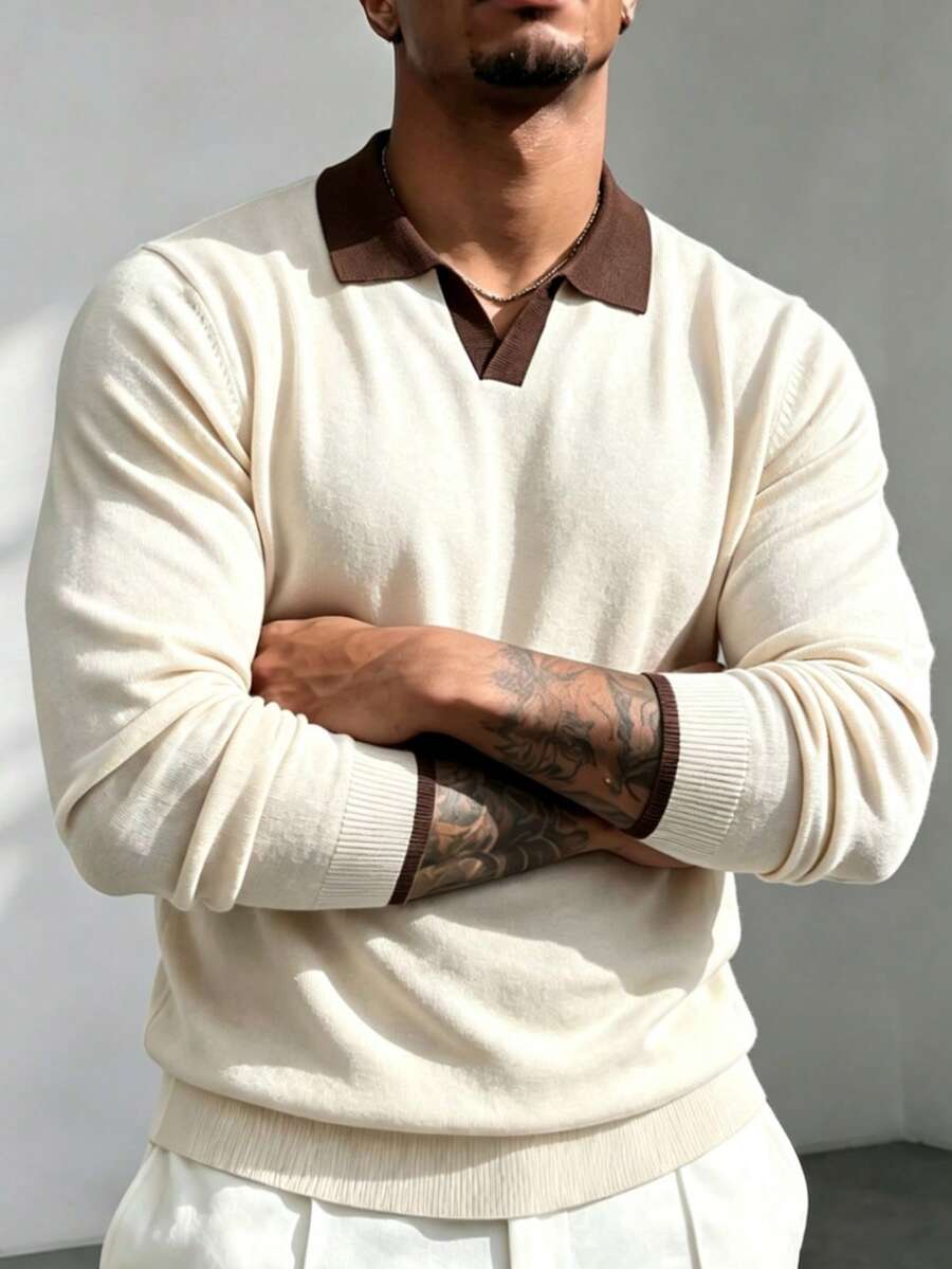 ZYNTH BALENO Men's Fashion Autumn/Winter Striped Airplane Collar Long Sleeve Sweater, Suitable For Gym Sports - Apricot - View 1