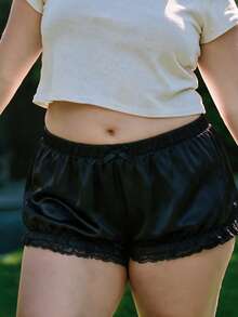 Women Plus Size Shorts Lace Trim Elastic Waist Loose Fit Sleep Shorts - Black - View 2