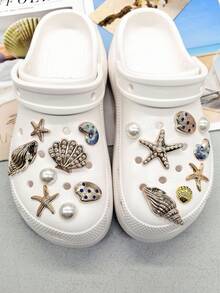 16pcs Gold Ocean Starfish Shell Resin Shoe Charms Shiny Rhinestone Scallop Shell Clogs Buckle DIY Decoration Faux Pearl Shoe Clips Accessories - Multicolor 16PCS Style No.267 - View 3