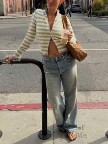 Women's Yellow & Grey Striped Cardigan, Knitted Long Sleeve Stand Collar Cropped Top, Double Zipper Design, Ribbed Details, Suitable For Spring Fall - Yellow Gray - View 3