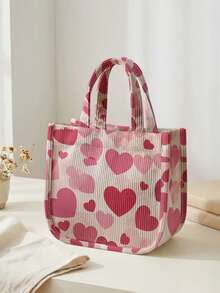 1pc Love Print Corduroy Tote Bag, Snap Button Closure Cute Handbag, Reusable Lunch Tote Bag For Student School Daily Outdoor Shopping Use - Multicolor - View 5