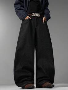 Men's Korean Wide Leg Jeans, Simple Style With Flap Back Pockets, Fashion Versatile Comfort Casual All-Season Pants (No Belt & Accessories) - Black - View 2