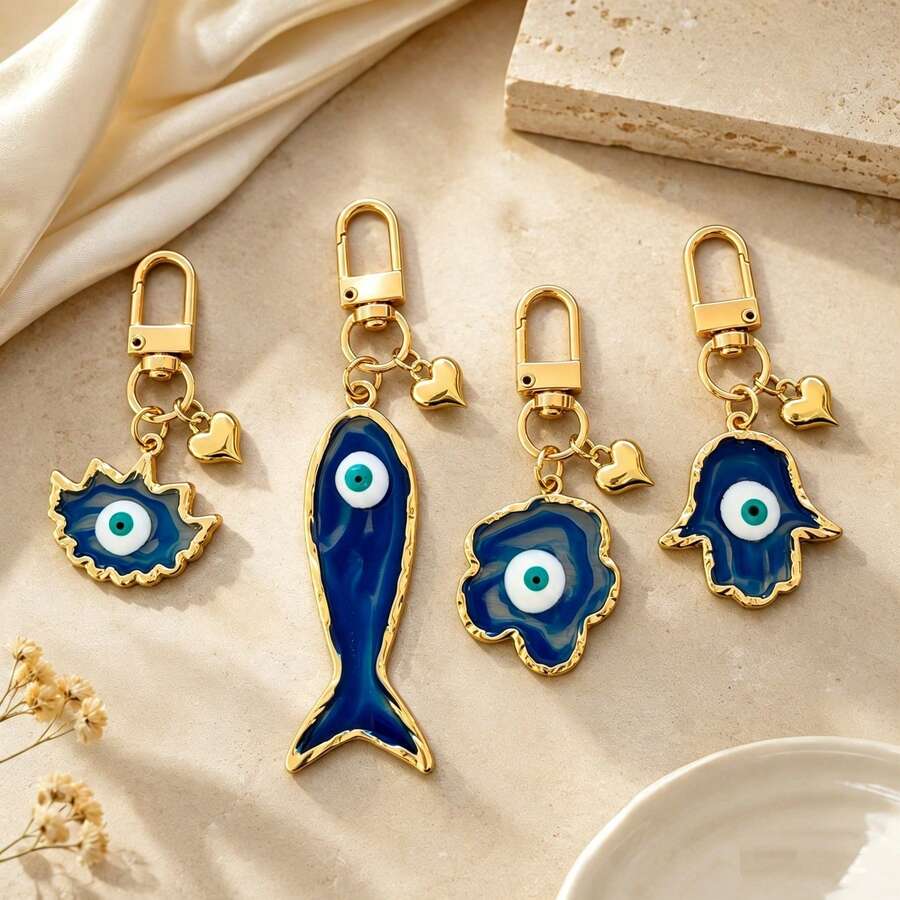 1pc/4pcs Unisex Resin Turkish Blue Eye Gradient Pendant DIY Vintage Evil Eye Charm 3D Heart Keychain Creative Bag Accessory - Multicolor - View 1