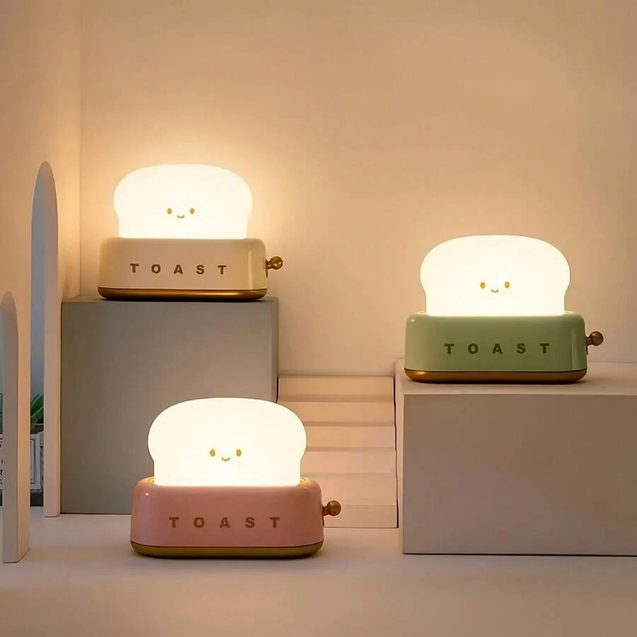 Rechargeable Cute Toaster Shaped LED Desk Lamp, Warm Decorative Table Lamp, Toast Bread LED Night Light Creative Design, Bread Night Light Suitable For Home Use, Perfect Birthday And Christmas Gift (Green/Orange/Pink)