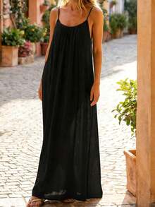 Womens Summer Sleeveless Backless Cami Dresses Spaghetti Strap Flowy Dress Long Sundress With Back Tie - الأسود - مشاهدة 3