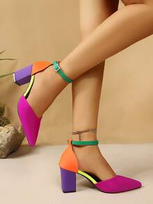 Sandal Wanita Elegan dengan Ujung Lancip dan Warna Kontras, Gesper Rhinestone, Sepatu Hak Tebal Nyaman, Cocok untuk Pesta dan Kencan - MultiWarna - View 5