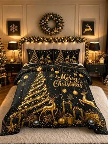 3pcs Christmas Theme Black Background Gold Christmas Tree & Deer Pattern Bedding Set - Soft, Comfortable & Breathable, 200g Quilted Filling, Includes 1 Quilt And 2 Pillowcases (Pillow Inserts Not Included) - Perfect Choice For Home Or Dorm Christmas Decoration - Multicolor - View 11