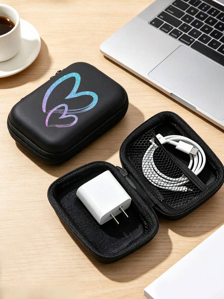Computer Peripheral Cables, USB Flash Drive, SD Card, Hard Drive, Mouse, Data Cable, Adapter, Bluetooth Earphone, EVA Heart-Shaped Storage Bag - Black - View 1