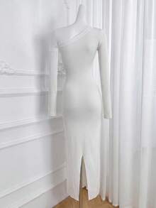 Autumn New French Style Elegant Asymmetrical Shoulder Knit Dress, Slim Fit Sexy Bodycon Long Dress, Women's Autumn Pullover Dress - White - View 10
