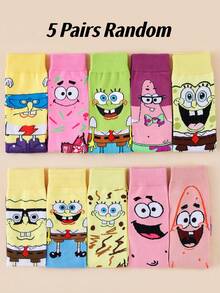 SpongeBob SquarePants 1/5/10雙隨機款 SquarePants 卡通中筒襪，適合街頭風與休閒穿搭，可愛校服與日常穿著 - 彩色 - 查看 10