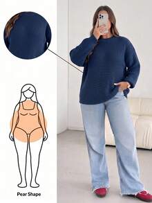 Plus Size Women Solid Crew Neck Pullover, Casual Elegant Long Sleeve Sweater, Autumn Winter Outfit For Daily Commute Date - Navy Blue - View 1