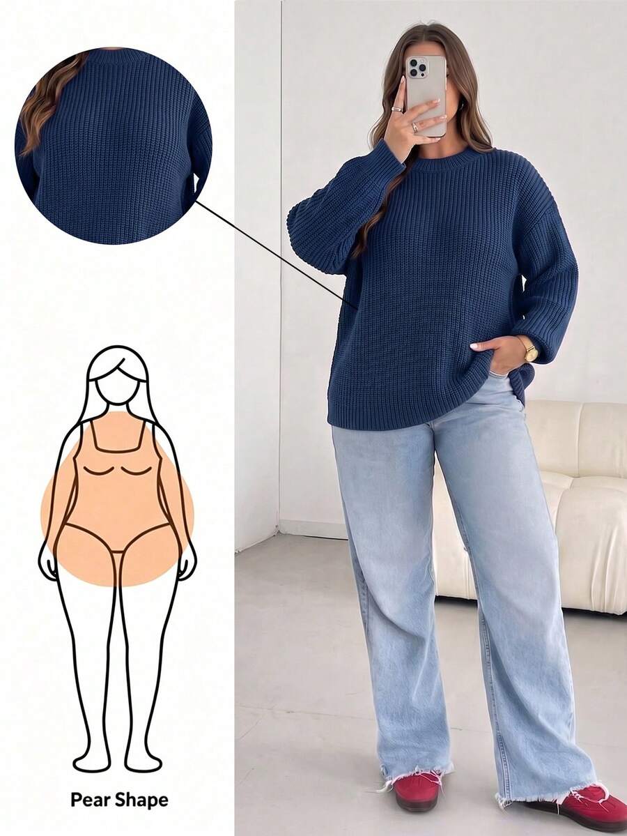 Plus Size Women Solid Crew Neck Pullover, Casual Elegant Long Sleeve Sweater, Autumn Winter Outfit For Daily Commute Date - Navy Blue - View 1