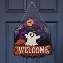 New Halloween Wooden Welcome Door Sign With Ghost And Pumpkin Wall Decor For Holiday Party - Multicolor - View 7