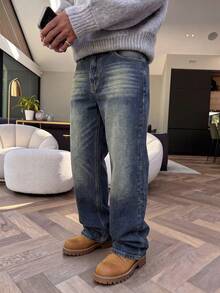 Men's American Vintage Washed Loose Straight Leg Jeans, Retro Layered Horizontal Cat Whisker Faded Distressed Wash Denim Pants, Streetwear Relaxed High Street Jeans - Medium Wash - View 2
