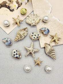16pcs Gold Ocean Starfish Shell Resin Shoe Charms Shiny Rhinestone Scallop Shell Clogs Buckle DIY Decoration Faux Pearl Shoe Clips Accessories - Multicolor 16PCS Style No.267 - View 2