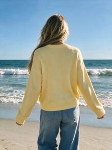Casual Women's Yellow Fish Print Jacquard Sweater, Long Sleeve Pullover With Regular Length, Slightly Stretchy And Fabric For Everyday Comfort Fall - Yellow - View 9