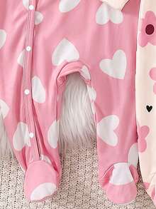2pcs Baju Terusan Bayi Baru Lahir Musim Semi/Panas Motif Bunga & Hati Lengan Panjang, Bodysuit Rajut Kancing Jepret, Warna Pink & Aprikot Elastis untuk Pakaian Rumah/Luar Ruangan, Pakaian Dasar Sehari-hari Bayi Perempuan Musim Gugur - MultiWarna - View 5