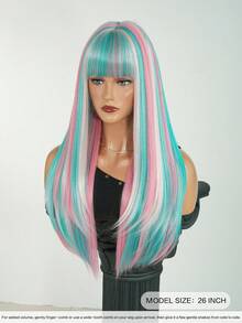 7JHH WIGS Hallowmas Green Pink & White Highlights Extra Long Straight Wigs For Women 26 Inch With Bangs, Synthetic Heat-Resistant Fiber Colorful Costume Wig For Cosplay Wear,Party Carnival Festivals Use - Multicolor - View 3