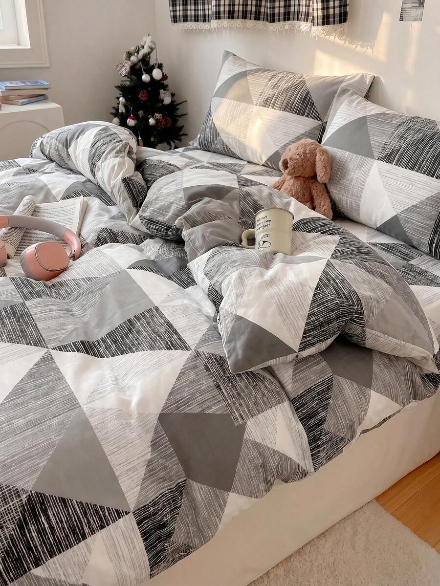 2/3件組灰色與白色幾何三角形圖案被套床品套裝,柔軟舒適雙色布料,透氣抗皺,包含1件被套、1/2件枕套,返校宿舍床品套裝 - 彩色 - 查看 1