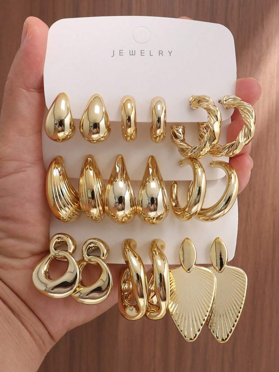 6/18PCS Fashionable Elegant Water Drop Twisted Geometric Textured Metallic Earrings Set Suitable For Party, Banquet, Travel, Wedding, Vacation, Daily Wear Jewelry Gift (Lightweight ABS Material, Non-Fading) - Gold - View 1