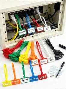 Reusable Nylon Self-Locking Cable Ties With Marker Labels, Includes Blank Labels And Marker Pen, Suitable For Network Cable Organization, Data Recording And Home Cable Management - Multicolor - View 1