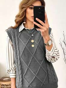 Sweater Rajut Tanpa Lengan Leher Bulat Ukuran Plus Wanita yang Elegan dan Serbaguna untuk Perjalanan Sehari-hari, Gaya Kampus Eropa dan Amerika Minimalis untuk Semua Musim Gugur - Grey - View 2