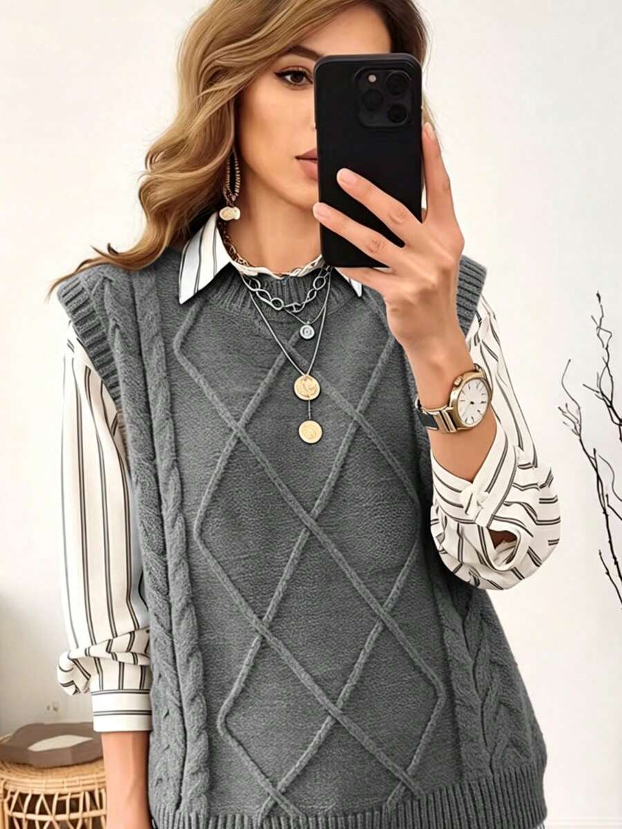 Sweater Rajut Tanpa Lengan Leher Bulat Ukuran Plus Wanita yang Elegan dan Serbaguna untuk Perjalanan Sehari-hari, Gaya Kampus Eropa dan Amerika Minimalis untuk Semua Musim Gugur