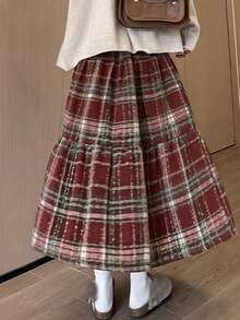 Women's Autumn/Winter Red Plaid Wool Flattering High Waist Versatile Cake Midi Umbrella Skirt - Burgundy - View 5