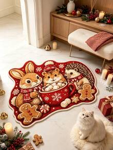 1pc Red Background Animal Pattern Doormat, Christmas Gift, Doormat, Small Rug, Welcome Mat, Carpet, Floor Mat, Outdoor Doormat, Kitchen Rug, Home Decor, Front Door Mat, Area Rug, Outdoor Mat - Multicolor - View 3