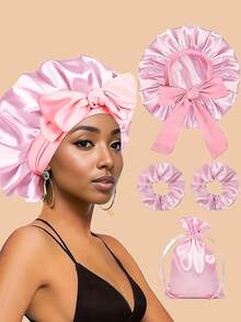 4pcs/Set Silky Elastic Bow Sleep Cap Set, Includes 1pc Sleep Cap, 2pcs Hair Scrunchies And 1pc Storage Bag, Can Be Used As Sleep Cap Or Shower Cap, Suitable For All Seasons (Optional 4pcs/Set Or 1pc/Set) - Multicolor - View 10