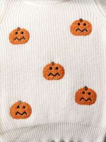 Boys Cute Solid Color Pumpkin Head Embroidered Knit Pullover Sweater, Suitable For Halloween, Daily Wear, Vacation, Spring, Autumn, Winter - Apricot - View 5