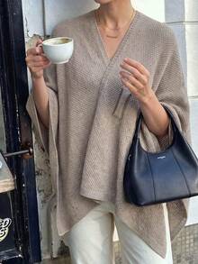 Women's Comfortable Knit Cardigan, Loose Fit, V-Neck, Asymmetrical Hem With Fashionable Knot Detail, Suitable For Autumn - Khaki - View 7