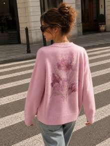 Pink Cardigan For Women, Soft Knitted Sweater Button Up Long Sleeve Casual Fall Winter Top With Floral Detail - Light Pink - View 2