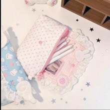 1pc Pink Star Rabbit Lace Ruffle Edge Spandex Bag, Foldable Design With Bow Detail, Soft Fabric Storage Organizer Box For School Supplies, Office Stationery, Makeup Brushes And Small Accessories, Multi-Functional Cosmetic And Travel Storage Bag - A - View 8