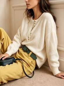 Women's Mohair Knit Sweater Pullover, Slouchy Round Neck Soft Fluffy Loose Design Solid Color Versatile Top Fall - Apricot Color - View 3