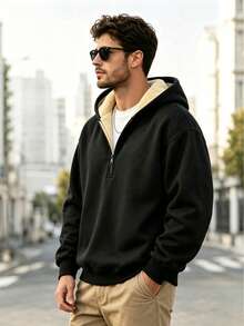 Men's Lamb Fleece Hooded Sweatshirt, Autumn/Winter Fashion Casual Sports Fleece Jacket, Suitable For Daily Outdoor Wear, Gift For Family, Gift For Husband - Black - View 4