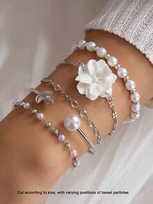 imoli 5pcs White Simple Alloy Pearl Bead Leaves & Flowers Chain Silver Bracelet Set For Women, Handmade (The Size Is Cut According To The Customer, The Number Of Pearls Is Not Fixed) Valentines,Mom,Mother,Mother's Day,Gift - 23456 - View 11