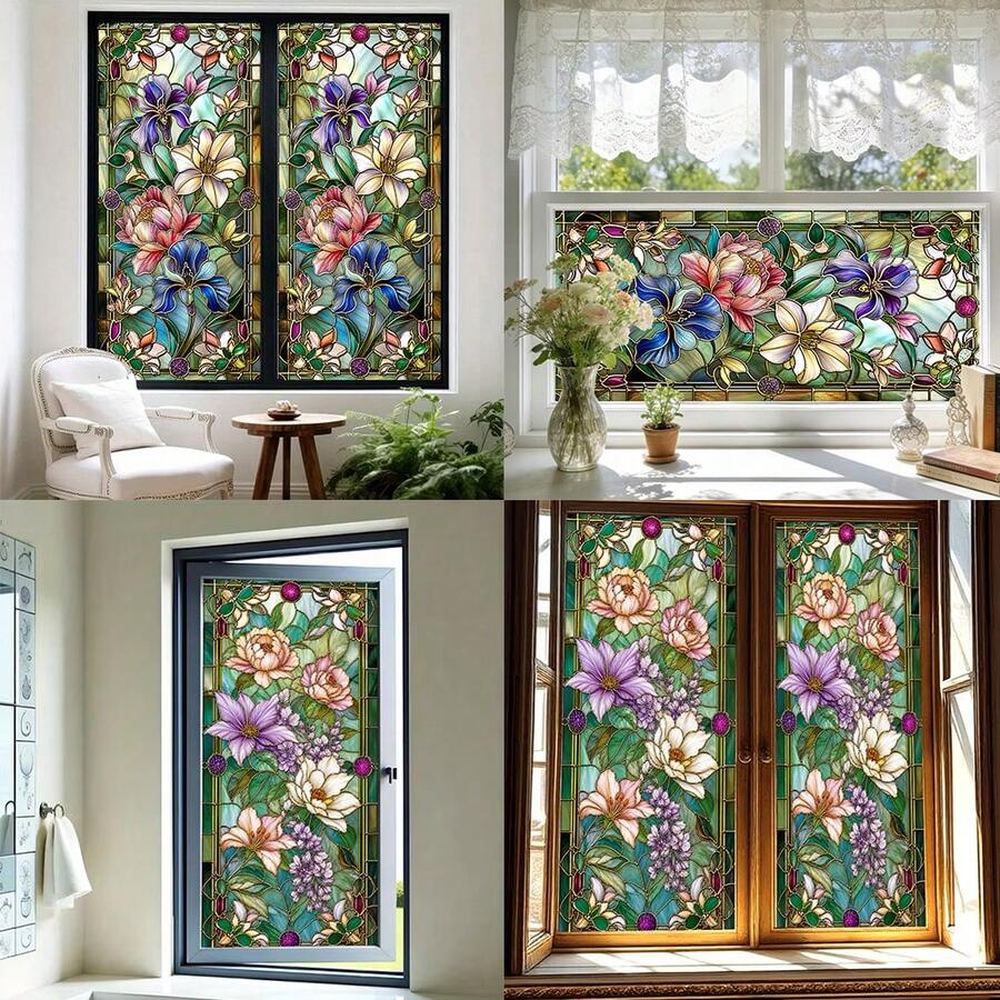 1/2pcs Vintage Floral Painted Glass Window Film, Static Cling Flower Privacy Curtain Decor, Removable Glass Sticker, Suitable For Home, Bathroom, Living Room Decoration