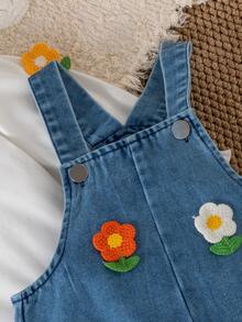 Baby Girl Spring/Autumn Sweet Cute Floral Overalls 2-Piece Set, Puff Long Sleeve White T-Shirt With 3D Flower, Wide Leg Overalls With Large Side Pockets, Playful And Adorable, Soft And Comfortable Casual Outfit For Toddlers - White - View 7