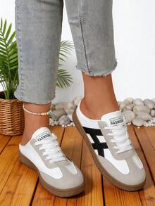 NOBLEARL White Gray Color Block Mule Trainers, Black Stripe Decor, Backless Lazy Retro Toe Cap Mule Sneakers - Black and White - View 4