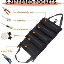 Conjunto de bolsa de ferramentas portátil preta com alça de mão e fecho de segurança, design compacto e dobrável com 4 bolsos individuais para organizar suas ferramentas, feita de tecido Oxford resistente à água, acessório versátil para manutenção de bicicletas, eletrônicos e pequenos reparos domésticos. - A - Visão 6