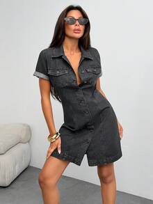 Banny Jeans فستان جينز كاجوال يومي بياقة وأزرار للنساء - الأسود - مشاهدة 4