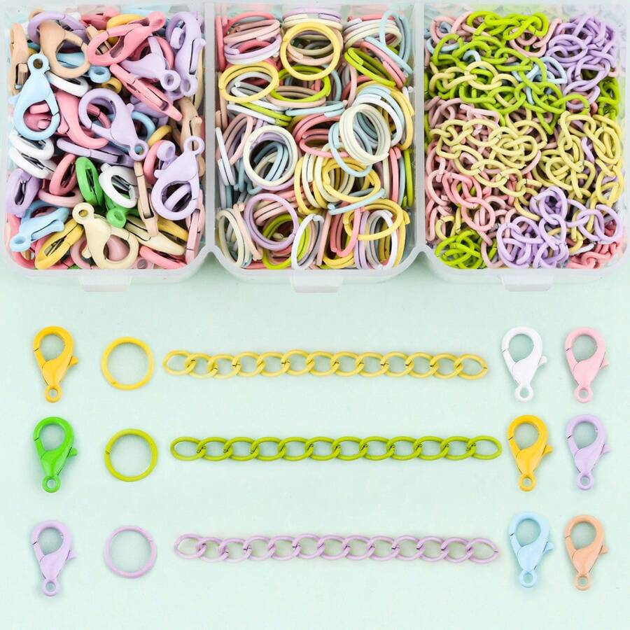 200pcs/Box DIY Keychain Accessories Making Kit, Random Mixed Colors, Includes 50pcs Lobster Clasps, 50pcs 4-Section Extension Chains, 100pcs Jump Rings, Zinc Alloy Spring Clasps, Bead Connectors, Suitable For DIY Dolls, Plushies, Keychains, Bag Charms, Key Chains, Portable Hook Accessories Making Materials, DIY Keychain Accessories Making - Lobster Clasp & Jump Ring & Tail Chain - View 1